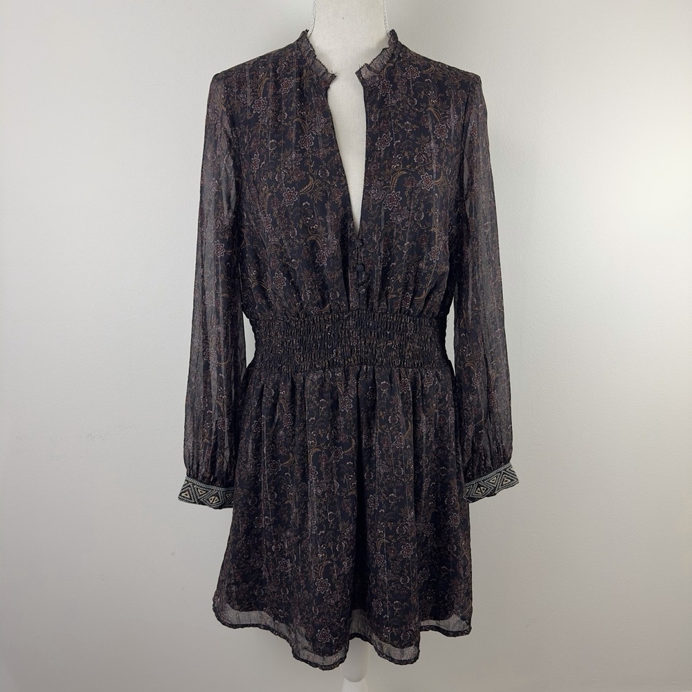 ZARA Women's Floral Long Sleeve Mini Dress Black Brown Sz L Embroidered Cuff NWT